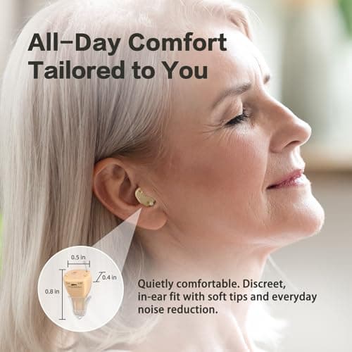 Rechargeable Hearing Aids for Seniors with Noise Cancellation, OTC Hearing Aids Digital Chips for Clear Sound, CIC In-Ear Fit Comfortable & Invisible, Charging Case Volume Control, 1 Pair, Beige - Thumbnail 5