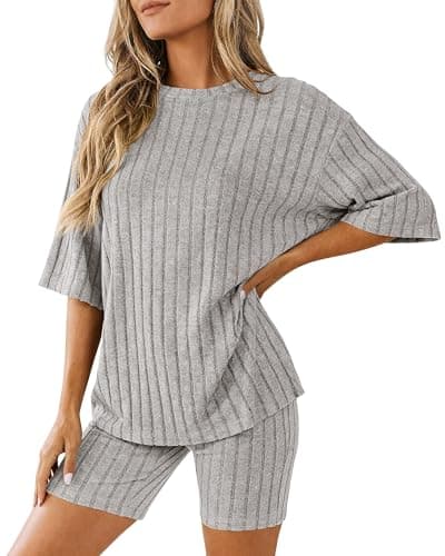 KIRUNDO Lounge Sets For Women 2 Piece Ribbed Knit Shorts Set Casual Short Sleeve Tops Biker Shorts Vacation Cruise Outfits (Grey, Medium) - Image 1