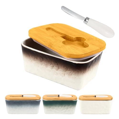 GLAVIONIX Butter Dish with Lid, 6.5" Large Butter Container for Countertop, Ceramic Brown Butter Keeper Container with Knife, Bamboo Cover and High-Quality Silicone Sealing for Home Decor - Image 1