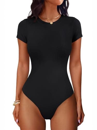 ANRABESS Womens Double Lined Bodysuits Short Sleeve Summer Going Out Fitted Basic Tee Shirts Body Suits Top - Image 1