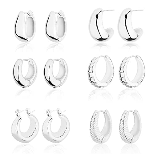 Wgoud Chunky Hoop Earrings Set Silver Hoop Earrings for Women Hypoallergenic, Thick Hoops Earring set, Twist Huggie Hoop Earring(6 Prs Chunky Silver) - Image 1