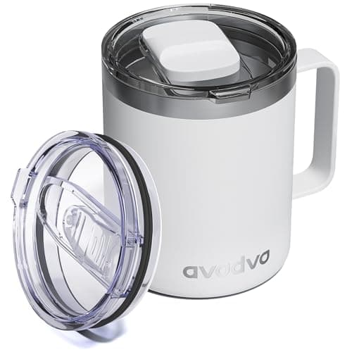 avodvo 12oz Insulated Coffee Mug with Lid – Includes Two Lids, Stainless Steel Coffee Travel Mug with Handle, Double Wall Vacuum Insulated Camping Mug for Home, Office & Outdoor, White - Image 1