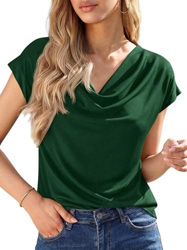 BTFBM Cowl Neck Tops for Women 2026 Spring Womens Tops Dressy Casual Business Blouses Short Sleeve Shirts Summer Outfits(Green, X-Large) - Image 1