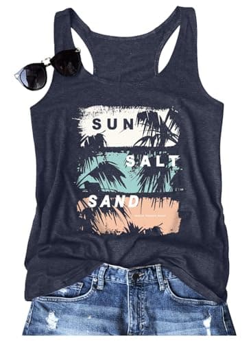 Binshre Graphic Tank Tops for Women Sun Salt Sand Vintage Print Racerback Tank Tops Summer Casual Beach Sleeveless O-Neck Vacation Shirt Cami - Image 1