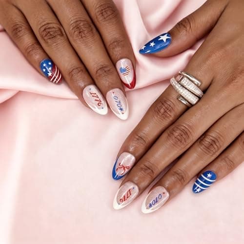 SKUPHI 4th of July Press On Nails Memorial Day Nails Almond Cat Eye Salon Quality Handmade Reusable Stick On False Nails 32 Nail Kit-16 Sizes - Thumbnail 2