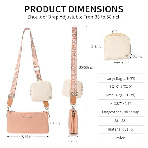 ACUARIO Crossbody Bags for Women - Nylon Purse Trendy Mul-pockets Waterproof Shoulder Bag with Wide Strap (Pink) - Thumbnail 6