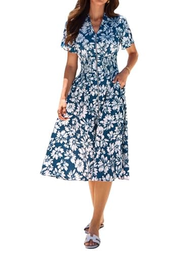 GRACE KARIN Womens Summer Maxi Floral Dress Casual 2026 Long Zipper Dresses Boho Flowy Beach Vacation Sundress with Pockets Blue Floral XL - Image 1