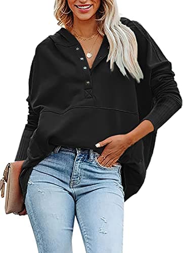 PRETTYGARDEN Womens Oversized Button Pullover Long Sleeve Fall Sweatshirt V Neck Hoodies Pullover Sweatshirts with Pockets (Black,X-Large) - Thumbnail 2