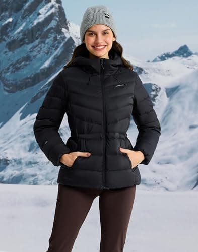 Pioneer Camp Quilted Puffer Jacket for Women Lightweight Water Resistant Hoodies Warm Winter Jacket Filled with Down, Navy, M - Thumbnail 3