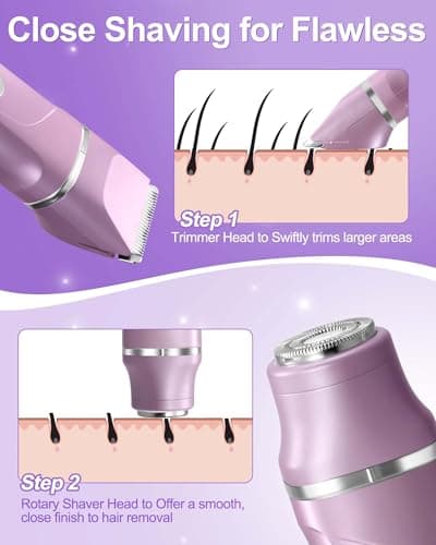 VEGITERIA Electric Razors for Women 2 in 1 Bikini Trimmer for Women Cordless Dry/Wet Use Electric Shaver for Pubic Hair, Armpit, Facail Hair Removal, Waterproof Pearl Purple - Thumbnail 3