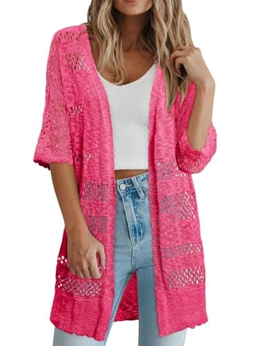 KISSMODA Summer Crochet Lightweight Cardigans for Women Rose Oversized Short Sleeve Boho Open Front Cardigan Sweater for Art Gallery Visits S - Thumbnail 3