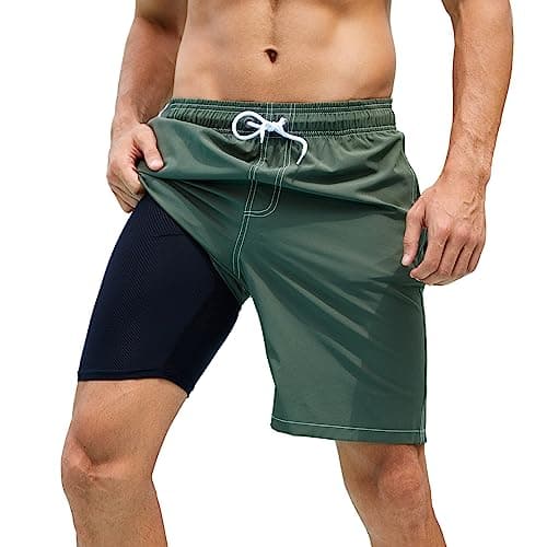Arcweg Mens Swim Trunks with Compression Liner 9 inch 2 in 1 Shorts Big and Tall,Quick Dry, Army Green - Image 1