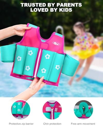 AEOCOO Toddler Swim Vest 20-30-50-70 Pounds, Kids Pool Floaties for 1-2-3-5-7-9 Years Old, Comfortable Wear Bright Float Jacket with Water Ring, Unpadded Sides for Arm Comfort, Boys, Girls, Pink - Thumbnail 6