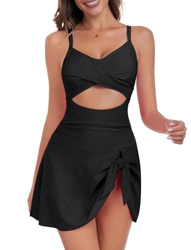 ZAFUL Women One Piece Swimsuit Tummy Control Bathing Suit Slimming Swim Skirt Modest Ladies Swimwear Push Up Cut Out V Neck Swimdresses 2025 Vintage Swim Romper Built-in Bra Dress Black M - Image 1