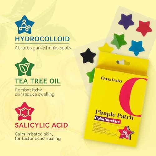 OMADOTO Star Pimple Patches for Face - 6 Colors 198Pcs (14mm) Hydrocolloid Acne Patches, Day & Night Blemish/Zit Healing Pimple Patches (66count-Pack of 3) - Thumbnail 4
