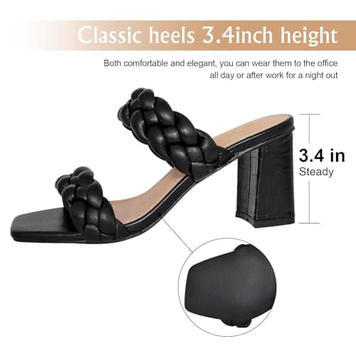 Athlefit Women's Braided Heeled Sandals Summer Square Open Toe Slip on Block Black Heels Size 11 - Thumbnail 4