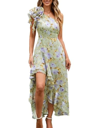Women 2025 Summer One Shoulder Dress Sleeveless High Waist Floral Flowy Boho Smocked Maxi Sundresses Wedding Guest - Image 1
