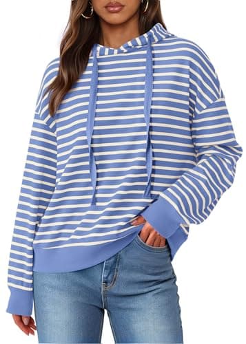 KIRUNDO Sweatshirt For Women Casual Loose Striped Long Sleeve Drawstring Hoodie Pullover Hooded Tops Fashion Clothing(Blue, Small) - Image 1