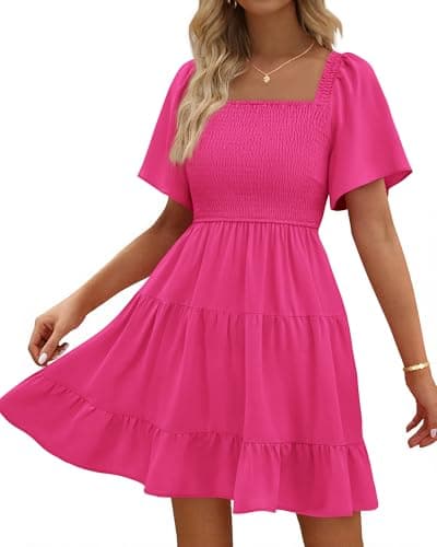 BTFBM Womens Summer Smocked Mini Dress Spring Square Neck Flutter Sleeve Casual Ruffle Swing Boho Beach Dresses Pockets(Rose Red, Large) - Image 1