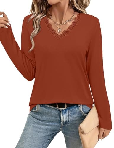 JUSTFASHIONNOW Shirts for Women Long Sleeve Lace Tops V Neck Solid Tshirt Plus Size Blouses Business Casual Fashion Tops Trendy Winter Clothes (Caramel,X-Large) - Image 1