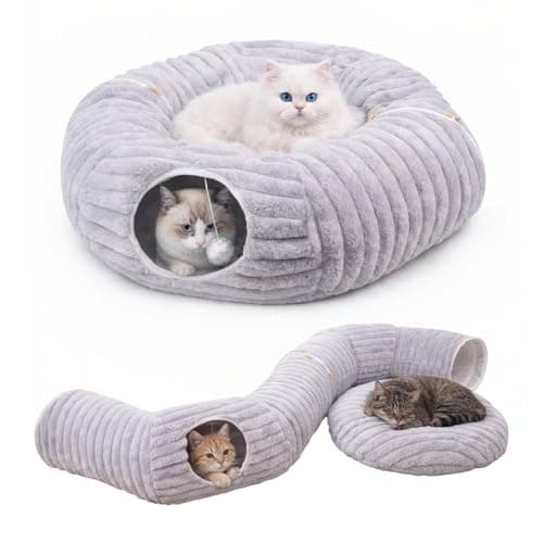 Dogpals Ultra-Soft Cat Tunnel Bed - Soft Washable Cushion, Peekaboo Hideaway Cave for Indoor Cats, Kittens, Puppies, and Rabbits - Deluxe Upgraded with Luxurious Striped Hare-Feel Fabric (Grey) - Image 1