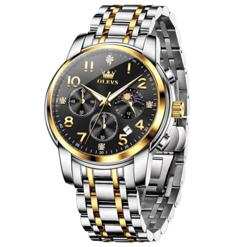 OLEVS Black Watches for Men Fahion Luxury Mens Watches Two Tone Stainless Steel Waterproof Analog Quartz Man Watch Easy Read Big Face Date Dress Moon Phase Chronograph Wrist Watch Reloj para Hombre - Image 1