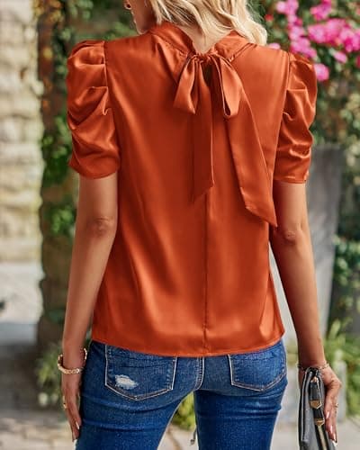 BTFBM Womens Tops 2026 Dressy Casual Blouses Summer Spring Clothes Mock Neck Short Sleeve Shirts Business Work Fall Outfits(Solid Brick Red, Large) - Thumbnail 4