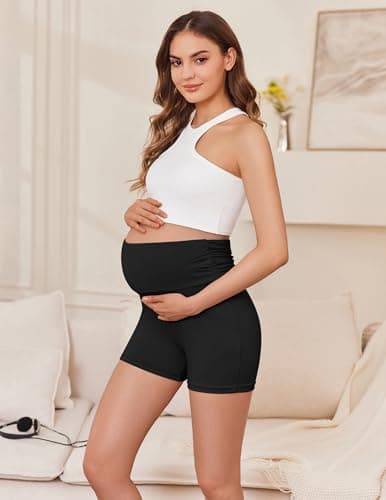 Ekouaer 3 Pack Women's Maternity Shorts Stretchy Workout Pregnancy Shorts Comfy Lounge Pajama Sleepwear Black/Black/Black XXL - Thumbnail 2