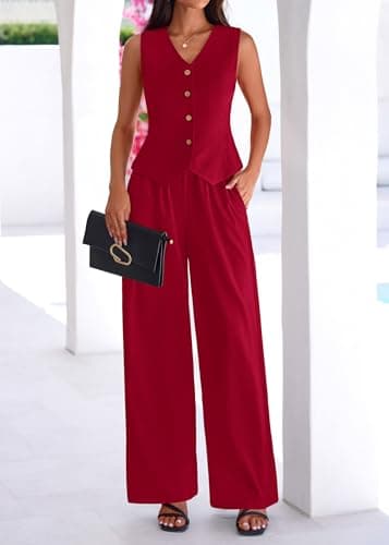KIRUNDO Business Casual Outfits for Women Vest Tops Pant Suits Dressy 2 Piece Sets Summer Crop Blazer Wide Leg Work Pants(Wine Red, X-Large) - Thumbnail 3