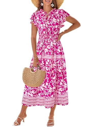 GRACE KARIN Women's Summer Boho Dress Casual Floral Print Long Maxi Dress Rose Pink with White Flowers M - Image 1