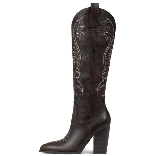 VOMIRA Knee High Cowboy Boots Women Pointed Toe Embroidered Leather Chunky High Heels Side Zipper Western Boots Brown Cowgirl Boots - Image 1