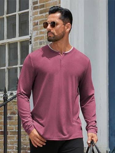 Hardaddy Men's Long Sleeve Henley Shirts Casual Color Block Henley Button T-Shirt Tops Wine Red M - Thumbnail 2