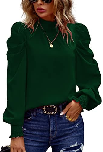Angashion Womens Tops Casual Crewneck Long Lantern Sleeve Self Tie Blouses Solid Tunic Shirts 2025 Dark Green X-Large - Image 1