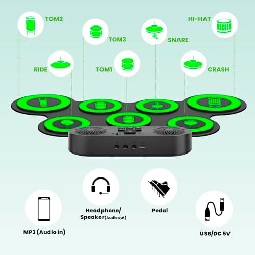 Electric Drum Set with Dual Speaker, Electronic Drum Pad and Sticks Kit Supports REC, Portable Roll Up Drums Practice Pad - Thumbnail 4