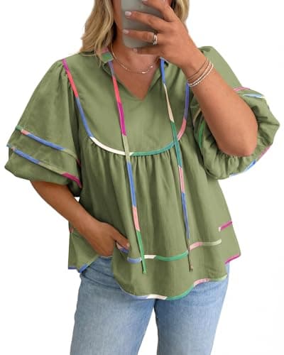 Beautife Womens Plus Size Summer Babydoll Tops Peplum V Neck Lantern Short Sleeve Shirts Cute Flowy Loose Fit Blouses Army Green - Image 1