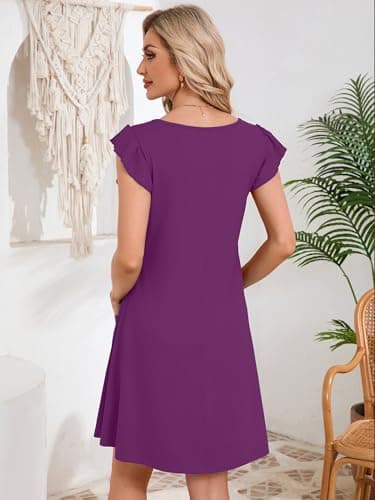 DEARCASE Womens Summer T-Shirt Dresses V Neck Elegant Classy Ruffle Sleeve A-line Tunic Dress 2026 with Pockets Purple XX-Large - Thumbnail 2