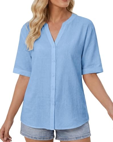 SEMARO Womens Button Down Shirts Short Sleeve V Neck Button Up Blouses Summer Cotton Linen Casual Tops Sky Blue - Thumbnail 2