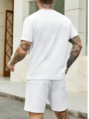 JEMLDL Mens 2 Piece Set Short Sleeve T-Shirt Shorts Summer Jacquard White Outfits Casual Lounge Wear Spring Clothes XL - Thumbnail 2