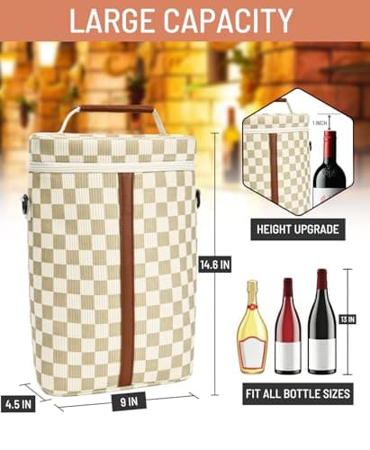 Neverwhy Insulated Wine Bag - Wine Bottle Carrier Tote Cooler Bags for Gifts Travel Picnic Beach, Khaki Checkered Pattern - 2 Bottle - Thumbnail 4