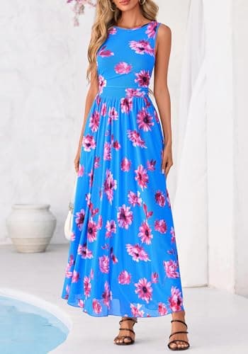 BTFBM Summer Dresses for Women 2026 Floral Maxi Dress Sleeveless Mesh Flowy Long Sundress Beach Vacation Clothes Pockets(Blue Red Flower, XX-Large) - Thumbnail 2
