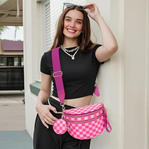 WOOMADA Checkered Crossbody Bag Bum Bag for Women, Spacious Nylon Fanny with Removable Wallets (2pcs-Hot Pink Checkerboard) - Thumbnail 5