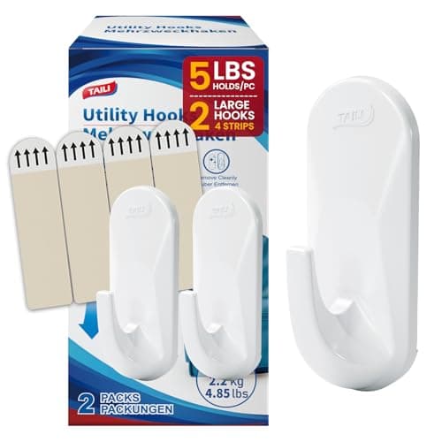 TAILI Hooks for Hanging,2 Plastic Large Sticky Hooks and 4 Adhesive Strips, White Utility Hooks for Painted Wall, No Damage Heavy Duty Hold up to 5 lb, Removable & Reusable for Door, Dorm, Clothes - Image 1