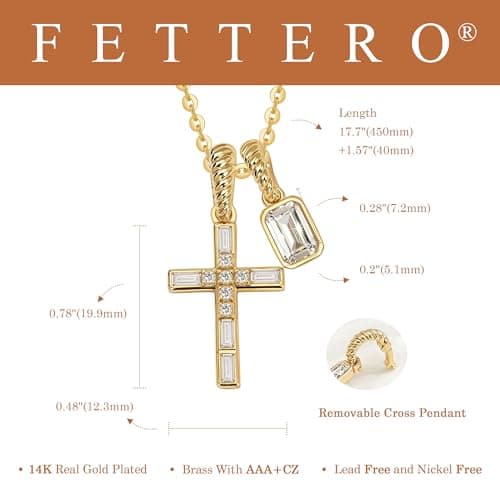 Fettero Gold Necklace for Women - Dainty Cross Necklace Detachable Tiny CZ Cross Pendant Non-Tarnish Faith Gold Necklace for Women Trendy Christian Religious Jewelry Gift - Thumbnail 5