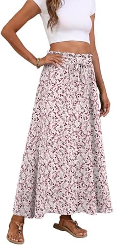 Askyes Womens Skirts Summer High Waisted A-Line Casual Work Flowy Swing Long Skirts with Pockets,White Rambler,XL - Thumbnail 5