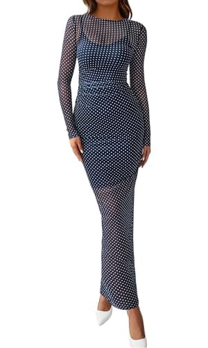 BTFBM Spring Dresses for Women 2026 2 Piece Set Long Sleeve Polka Dot Sexy Bodycon Mesh Dress and Slip Dress Wedding(Small Dot Navy White, Small) - Image 1