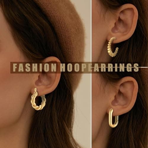 ALLHOLA 6 Pairs 14K Gold Plated Hoop Earrings for Women Trendy Chunky Lightweight Hoop Earrings Multipack Hypoallergenic, Thick Twisted Huggie Hoops Earring Set Jewelry for Gifts (14K Gold Plated) - Thumbnail 3