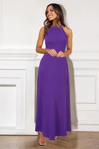 STYLEWORD Women's Summer Halter Neck Long Semi Formal Dress Sexy Sleeveless Cocktail Evening Party Wedding Guest Maxi Dresses 2026(Purple,M) - Thumbnail 2