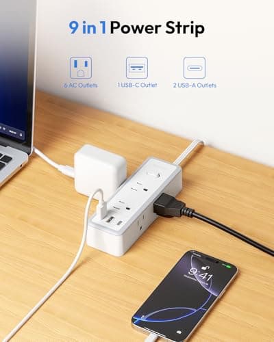NTONPOWER Flat Plug Power Strip, 15 ft Extension Cord Surge Protector, 6 Widely AC Outlets with 3 USB Ports(1 USB C), Wall Mount, 3-Side Surge Protector Power Strip(1080J), Compact for Small Spaces - Thumbnail 4