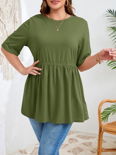 Beautife Womens Plus Size Summer Babydoll Tops Short Sleeve Crew Neck T Shirts Peplum Casual Loose Fit Blouse Army Green - Thumbnail 4