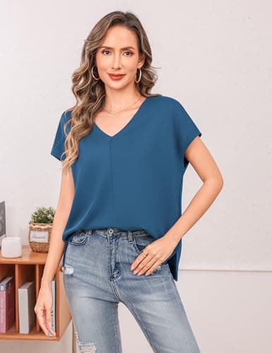 Totatuit Sexy Deep V Neck Tops for Women Trendy Boxy Oversized T Shirts Cap Sleeve Loose Fit Going Out Summer Tee Casual Tunic Top Dark Blue X-Large - Thumbnail 2